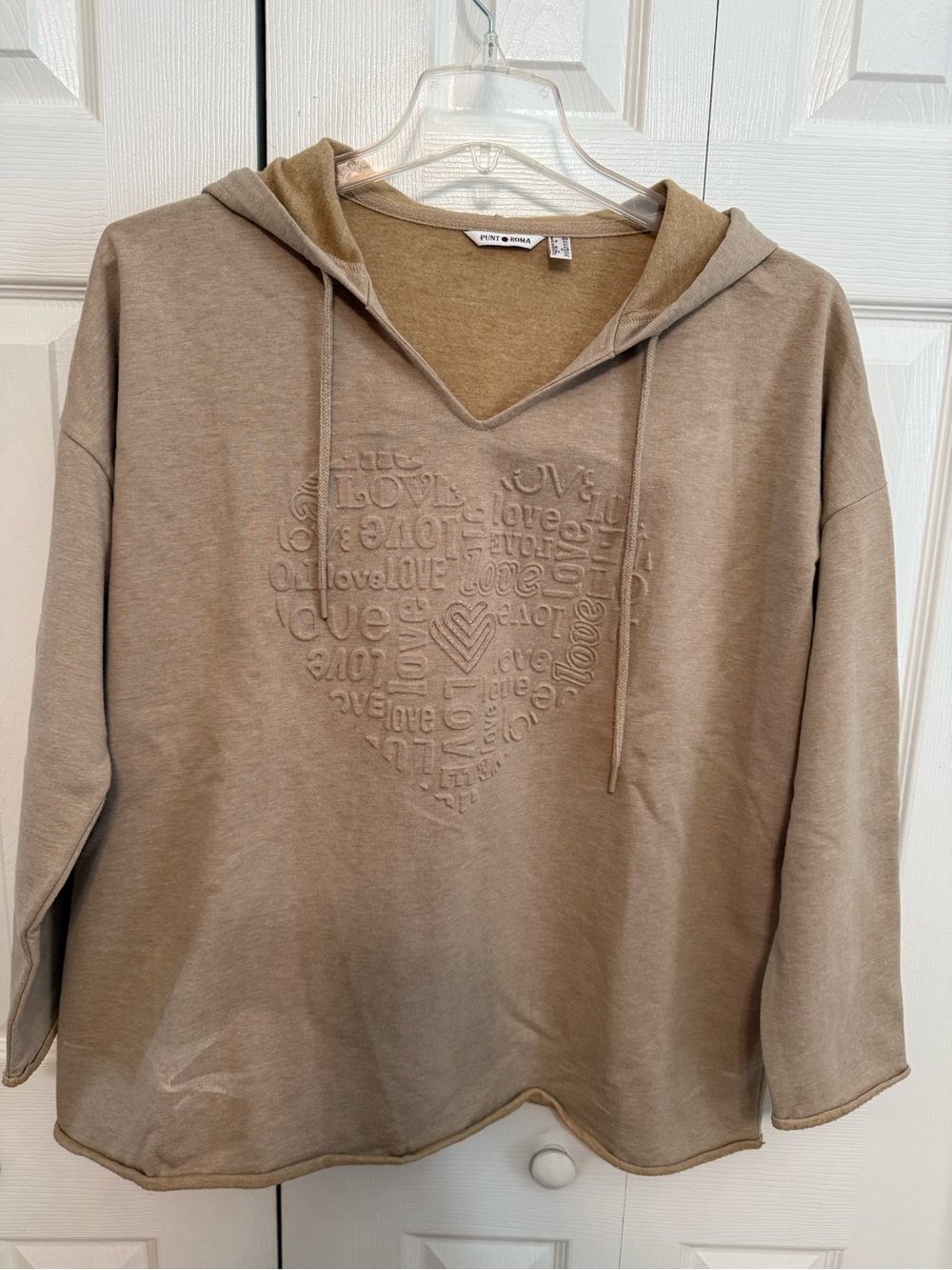Embroidered Heart Hooded Pullover Sweatshirt - Taupe